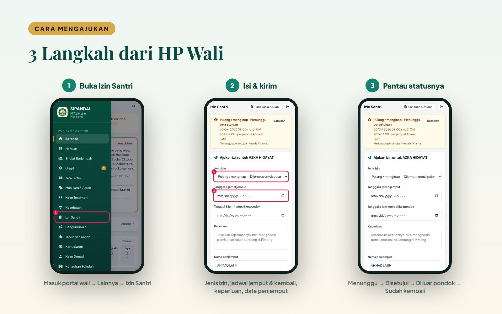 Cara mengajukan izin santri dari HP di portal wali SIPANDAI PPTQ Ibrahim