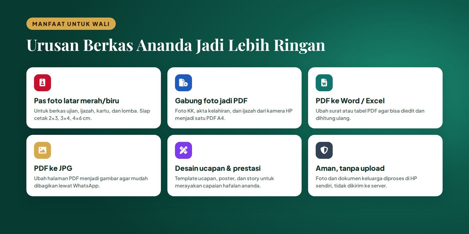 Manfaat portal wali pesantren tahfizh Sidrap: pas foto, gabung dokumen PDF, PDF ke Word, desain ucapan prestasi