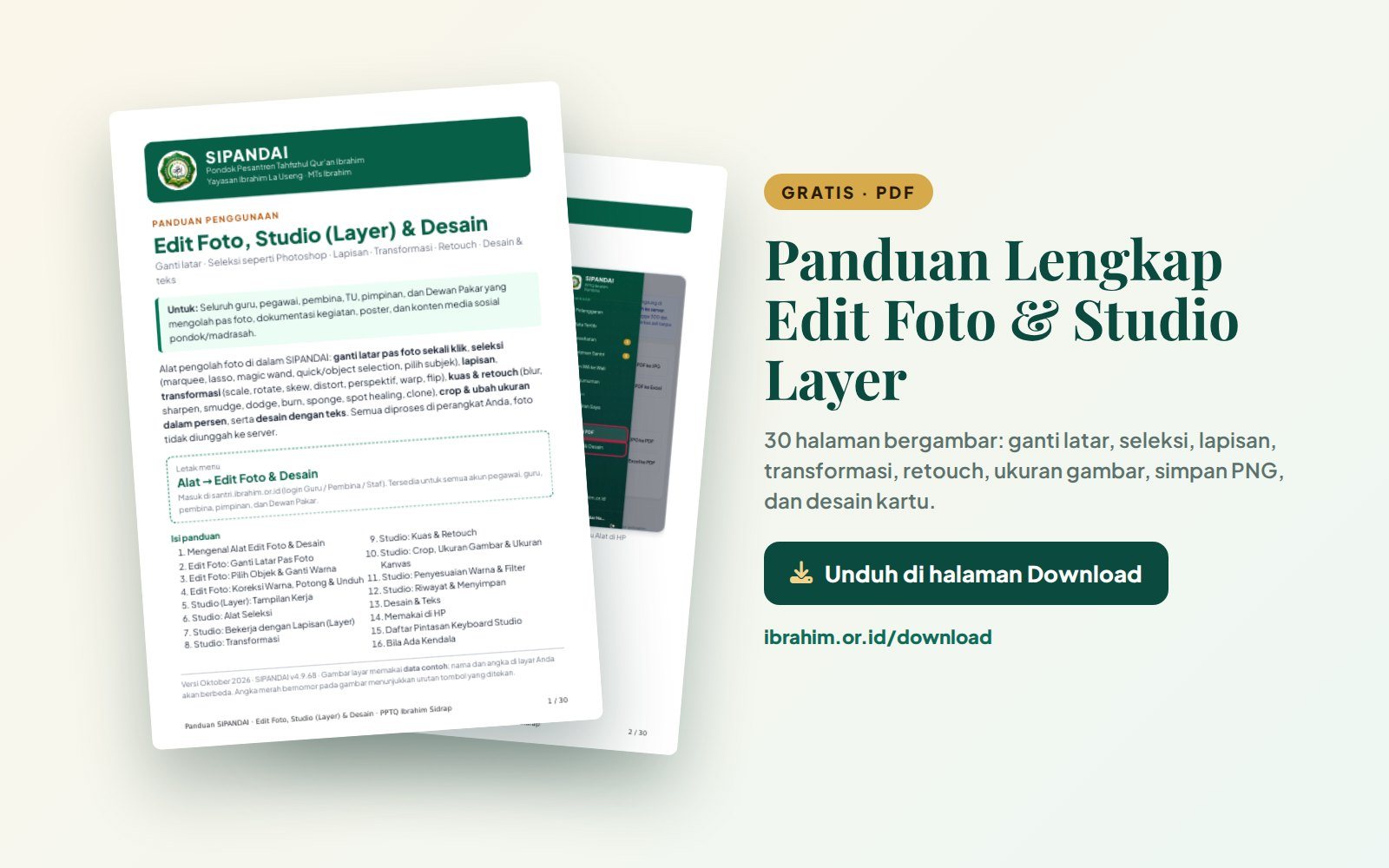 Unduh gratis panduan PDF edit foto, ganti latar, dan Studio Layer SIPANDAI PPTQ Ibrahim