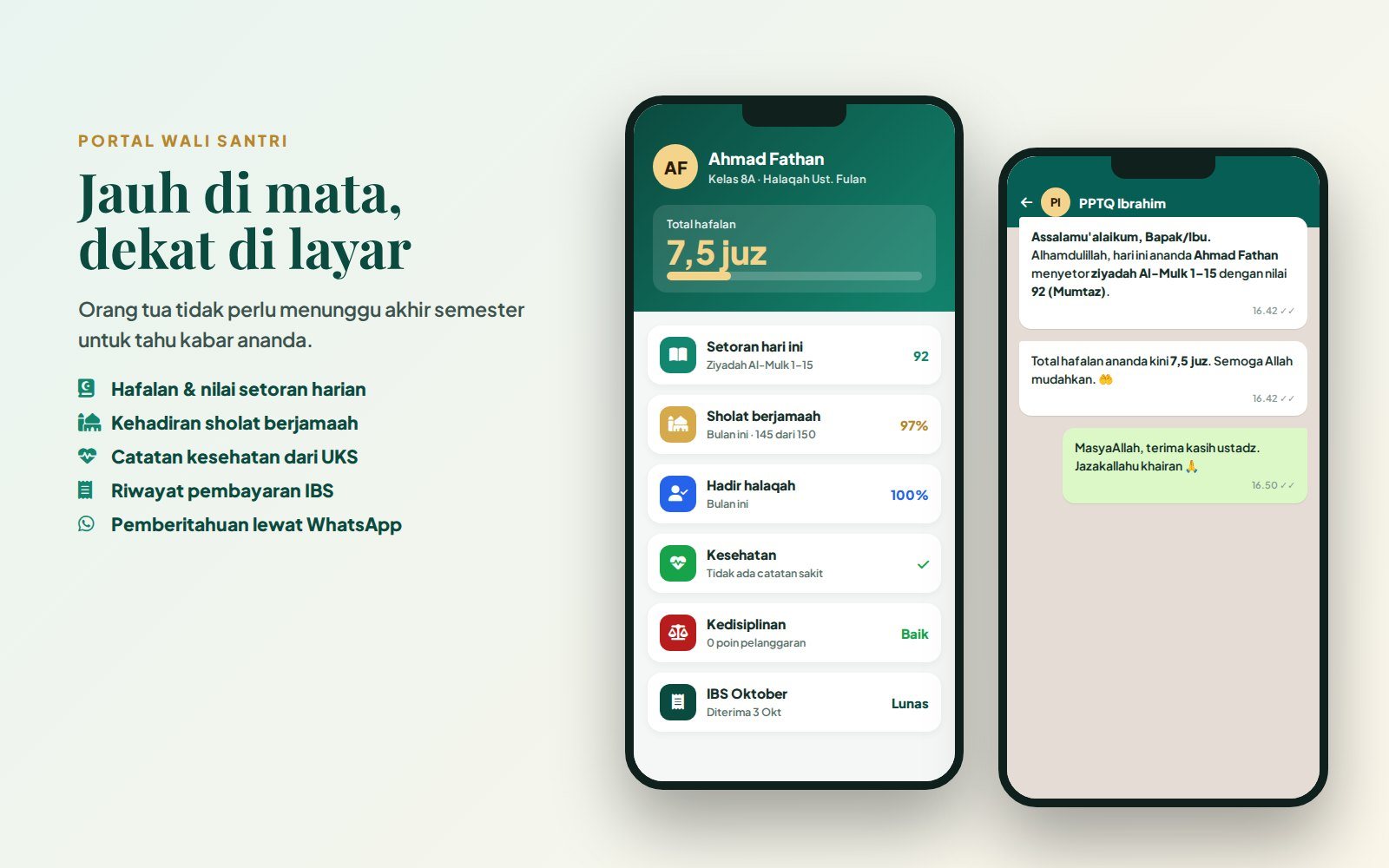 Tampilan portal wali santri SIPANDAI di HP: hafalan, sholat berjamaah, kesehatan, kedisiplinan, dan pembayaran IBS, serta notifikasi WhatsApp