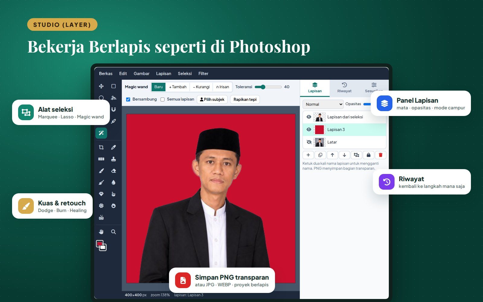 Studio Layer SIPANDAI: edit foto berlapis seperti Photoshop dengan panel lapisan dan riwayat