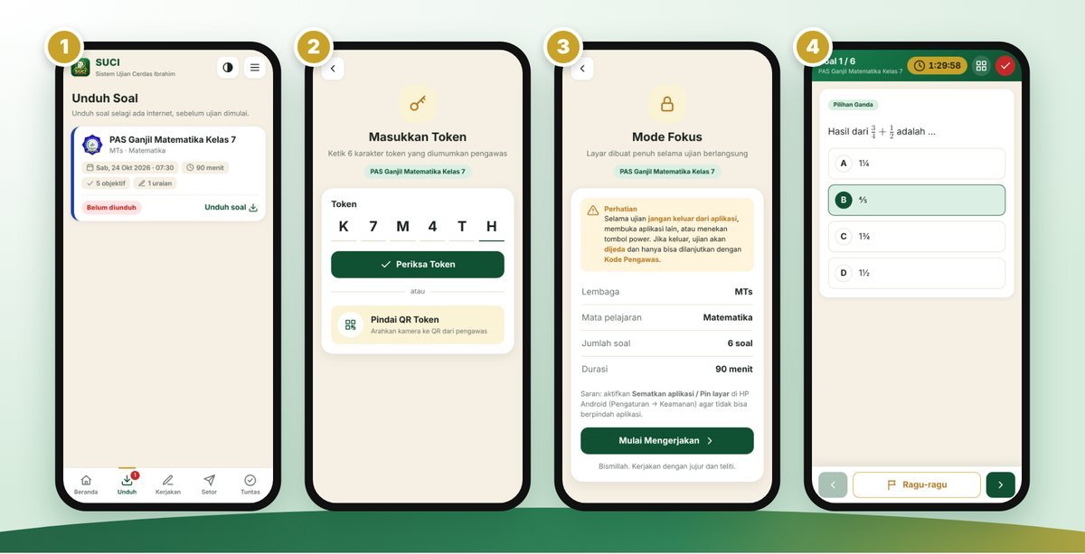 أربع شاشات من هاتف SUCI: قائمة تنزيل الأسئلة، وصفحة الرمز المميِّز، ووضع التركيز، وصفحة الأسئلة