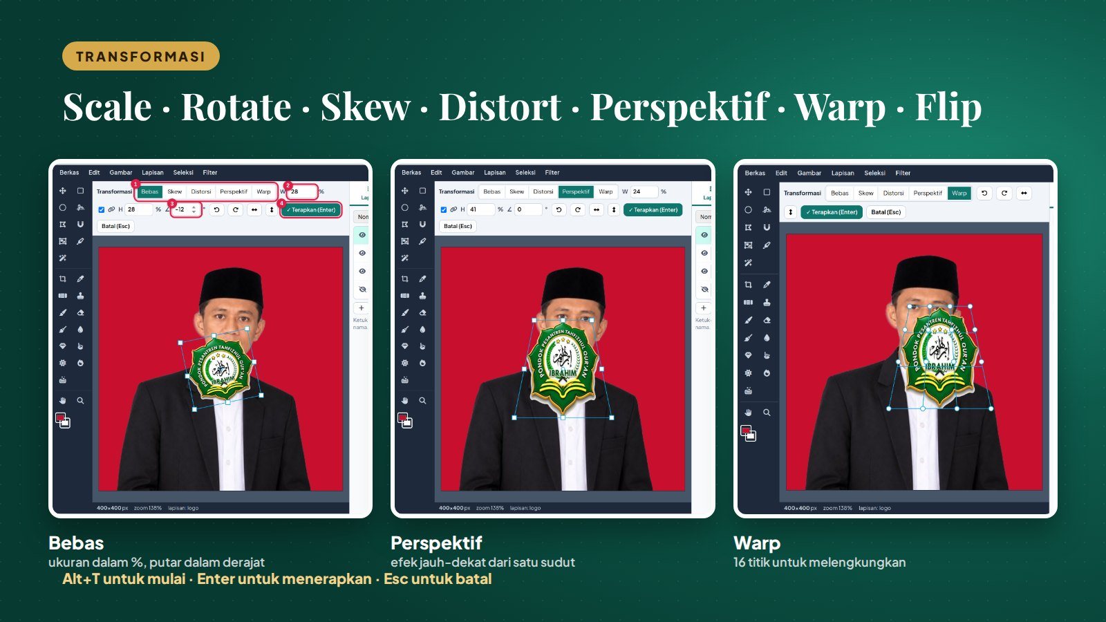 Transformasi perspektif, warp, rotate, skew, distort, dan flip di Studio Layer SIPANDAI